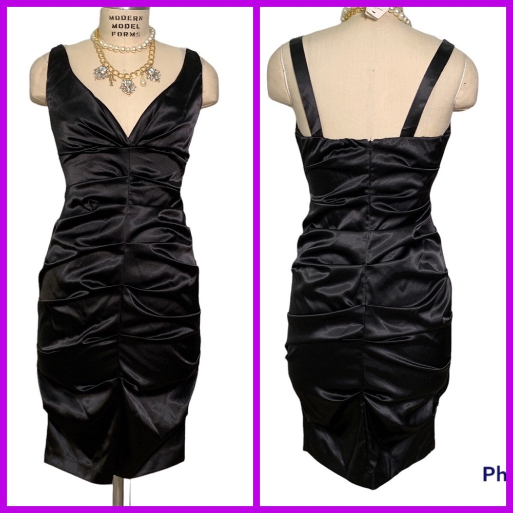 Black Satin Blondie Nites Ruched Cocktail Party Dress